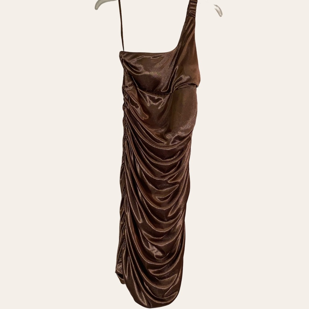 Poly 👗One Shoulder Brown Copper Color Dress - Picture 8 of 8